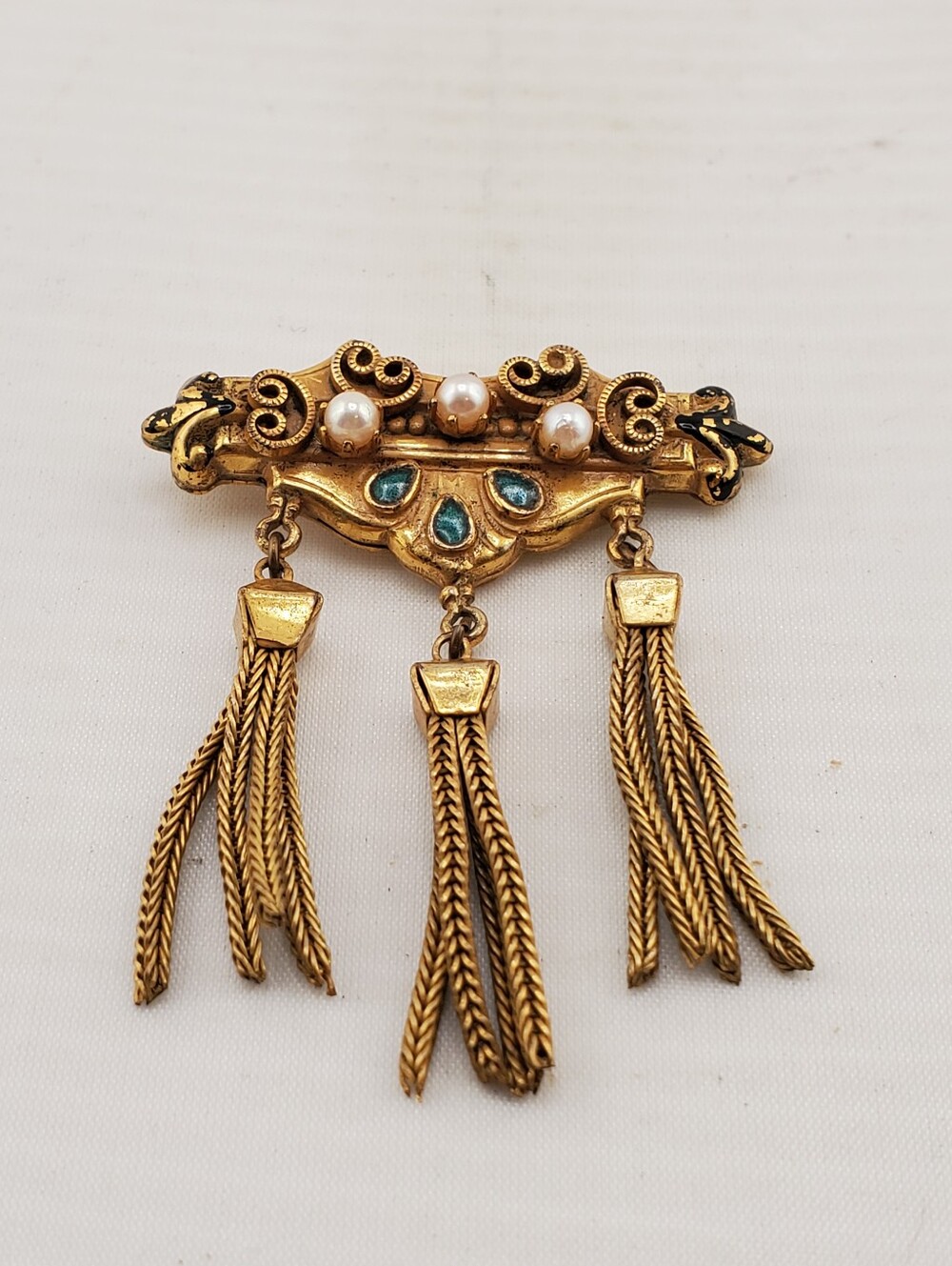 Hobe' Enamel Pearl Tasseled Brooch TLC
